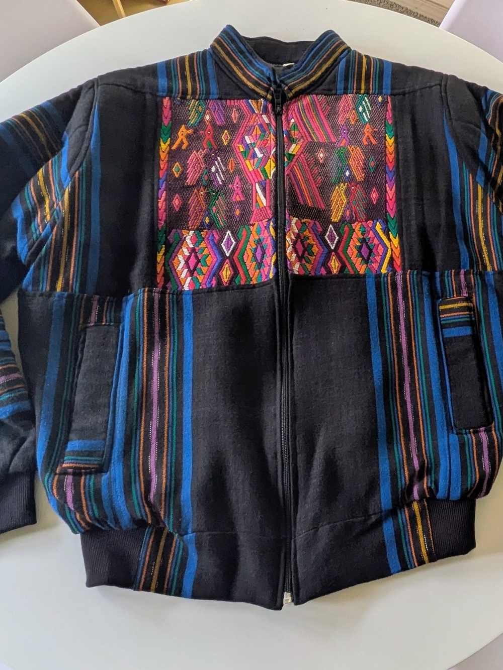 Black Bomber Jacket with Colorful Guatemalan Embroidery